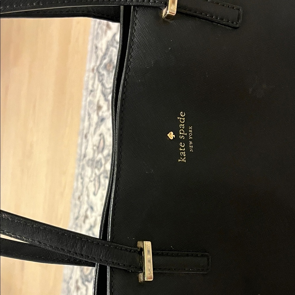 Kate Spade Black Leather Large Tote Gold Hardware Minimalist Work Shoulder Bag - Picture 5 of 15
